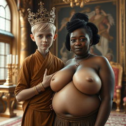 In an opulent Nordic palace room, a young, short blonde woman, appearing around 20 years old with blue eyes, stands out