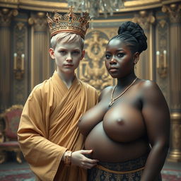 In an opulent Nordic palace room, a young, short blonde woman, appearing around 20 years old with blue eyes, stands out