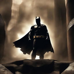 A powerful image of Bruce Wayne from the Dark Knight Rises movie, struggling to climb out of the infamous pit, embodying the symbol of hope and resilience. Dramatic lighting highlights his determination.