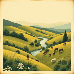 A vintage book cover design that captures the elements of Arcadismo, embodying simplicity and nature