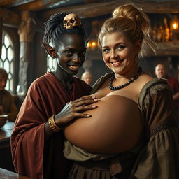 Inside a Viking tavern, a captivating scene unfolds featuring a young African woman, petite, undernourished, and 19 years old