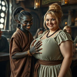 Inside a Viking tavern, a captivating scene unfolds featuring a young African woman, petite, undernourished, and 19 years old