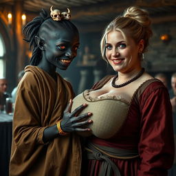 Inside a Viking tavern, a captivating scene unfolds featuring a young African woman, petite, undernourished, and 19 years old