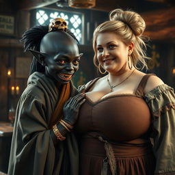 Inside a Viking tavern, a captivating scene unfolds featuring a young African woman, petite, undernourished, and 19 years old