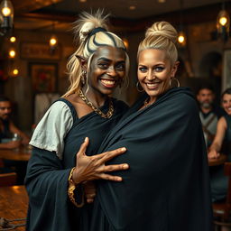 Inside a bustling Viking tavern, a striking scene unfolds featuring a young African woman, petite and undernourished at 19 years old, with deep black skin and vibrant reddish eyes