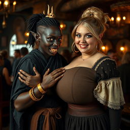 Inside a bustling Viking tavern, a striking scene unfolds featuring a young African woman, petite and undernourished at 19 years old, with deep black skin and vibrant reddish eyes