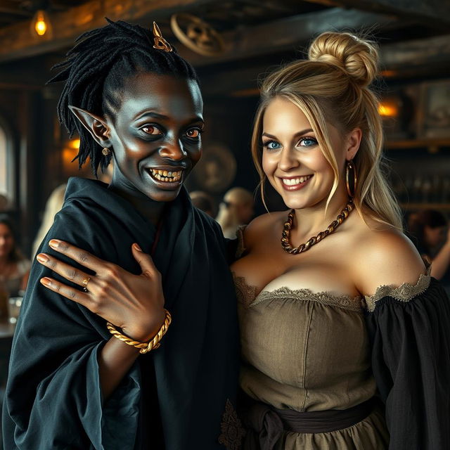 Inside a bustling Viking tavern, a striking scene unfolds featuring a young African woman, petite and undernourished at 19 years old, with deep black skin and vibrant reddish eyes