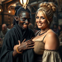 Inside a bustling Viking tavern, a striking scene unfolds featuring a young African woman, petite and undernourished at 19 years old, with deep black skin and vibrant reddish eyes