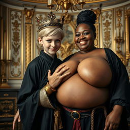 Inside a lavish Nordic palace bedroom, an intriguing scene depicts a young blonde woman, petite and undernourished at 20 years old, with striking blue eyes