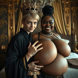 Inside a lavish Nordic palace bedroom, an intriguing scene depicts a young blonde woman, petite and undernourished at 20 years old, with striking blue eyes