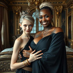 Inside a grand Nordic palace bedroom, a captivating scene unfolds featuring a young blonde woman, petite and undernourished at 20 years of age, with striking blue eyes