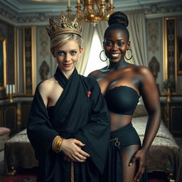 Inside an opulent Nordic palace bedroom, a striking scene showcases a young blonde woman, petite and emaciated at 20 years old, with captivating blue eyes