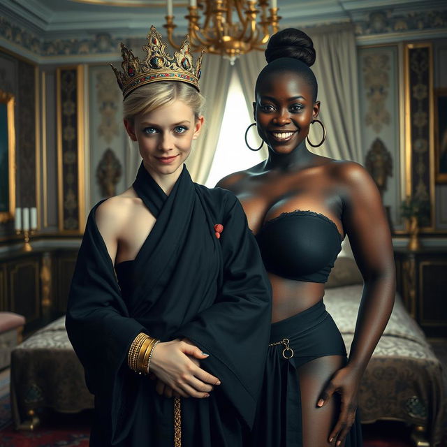 Inside an opulent Nordic palace bedroom, a striking scene showcases a young blonde woman, petite and emaciated at 20 years old, with captivating blue eyes