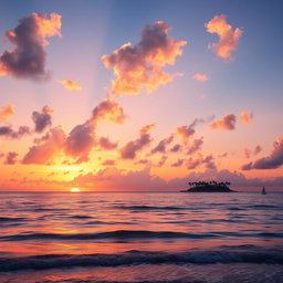 A beautiful sunset over a serene ocean, with vibrant hues of orange, pink, and purple reflecting on the water