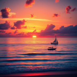 A beautiful sunset over a serene ocean, with vibrant hues of orange, pink, and purple reflecting on the water