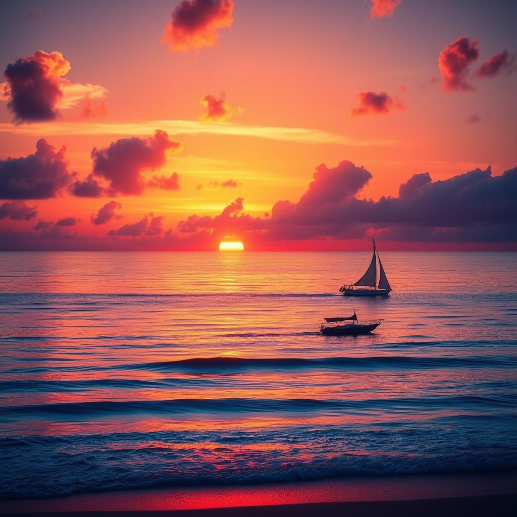 A beautiful sunset over a serene ocean, with vibrant hues of orange, pink, and purple reflecting on the water
