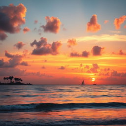 A beautiful sunset over a serene ocean, with vibrant hues of orange, pink, and purple reflecting on the water