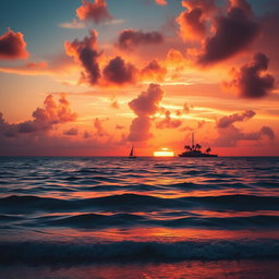 A beautiful sunset over a serene ocean, with vibrant hues of orange, pink, and purple reflecting on the water