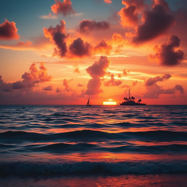 A beautiful sunset over a serene ocean, with vibrant hues of orange, pink, and purple reflecting on the water