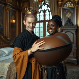 Inside a grand Nordic palace bedroom, a captivating scene features a young blonde woman, notably petite and undernourished at 20 years old, with bright blue eyes