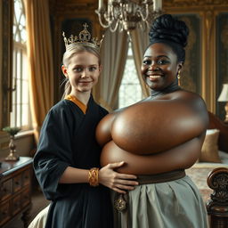 Inside a grand Nordic palace bedroom, a captivating scene features a young blonde woman, notably petite and undernourished at 20 years old, with bright blue eyes