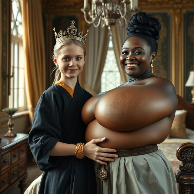 Inside a grand Nordic palace bedroom, a captivating scene features a young blonde woman, notably petite and undernourished at 20 years old, with bright blue eyes