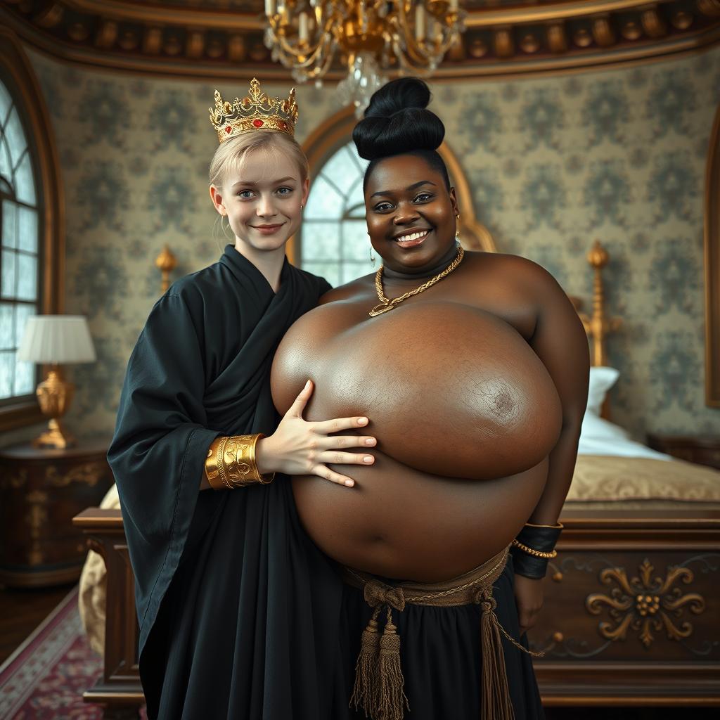 Inside a grand Nordic palace bedroom, a captivating scene features a young blonde woman, notably petite and undernourished at 20 years old, with bright blue eyes