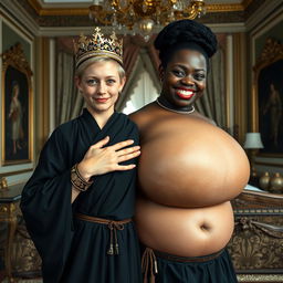 Inside a grand Nordic palace bedroom, a captivating scene features a young blonde woman, notably petite and undernourished at 20 years old, with bright blue eyes