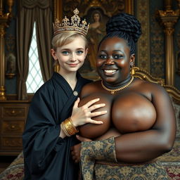 Inside an ornate Nordic palace bedroom, there is a striking depiction of a young blonde woman, petite and undernourished at 20 years old, with vivid blue eyes