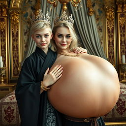 Inside an ornate Nordic palace bedroom, there is a striking depiction of a young blonde woman, petite and undernourished at 20 years old, with vivid blue eyes