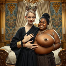 Inside an ornate Nordic palace bedroom, there is a striking depiction of a young blonde woman, petite and undernourished at 20 years old, with vivid blue eyes