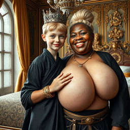 Inside an ornate Nordic palace bedroom, there is a striking depiction of a young blonde woman, petite and undernourished at 20 years old, with vivid blue eyes