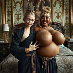 In an ornate Nordic palace bedroom, a striking and surreal scene unfolds featuring a young blonde woman, notably short and undernourished at 20 years old, with bright blue eyes