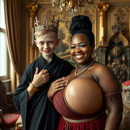 In an opulent Nordic palace bedroom, a surreal scene depicts a young blonde woman, remarkably short and undernourished at 20 years old, with striking blue eyes