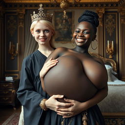 In an opulent Nordic palace bedroom, a surreal scene depicts a young blonde woman, remarkably short and undernourished at 20 years old, with striking blue eyes