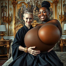 In an opulent Nordic palace bedroom, a surreal scene depicts a young blonde woman, remarkably short and undernourished at 20 years old, with striking blue eyes