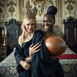 In an impressive Nordic palace bedroom, a unique scene unfolds featuring a young blonde woman, notably short and undernourished at 20 years old, with striking blue eyes