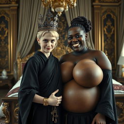 In an impressive Nordic palace bedroom, a unique scene unfolds featuring a young blonde woman, notably short and undernourished at 20 years old, with striking blue eyes