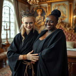 In an impressive Nordic palace bedroom, a unique scene unfolds featuring a young blonde woman, notably short and undernourished at 20 years old, with striking blue eyes