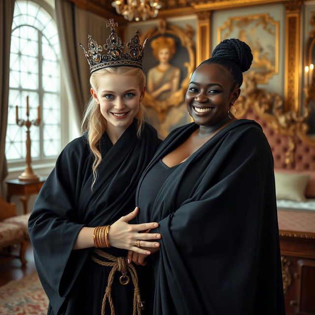 In an impressive Nordic palace bedroom, a unique scene unfolds featuring a young blonde woman, notably short and undernourished at 20 years old, with striking blue eyes