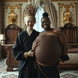 In an impressive Nordic palace bedroom, a unique scene unfolds featuring a young blonde woman, notably short and undernourished at 20 years old, with striking blue eyes