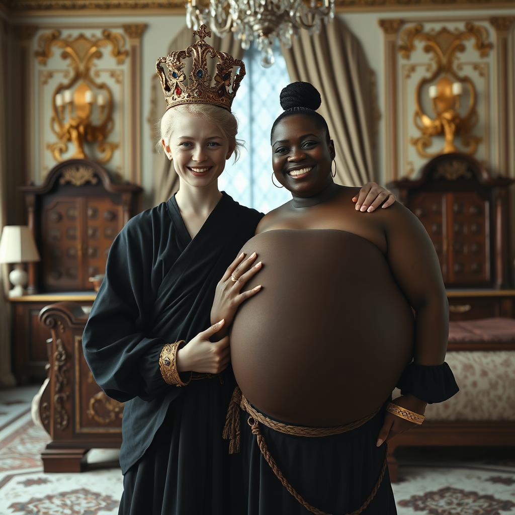 In an impressive Nordic palace bedroom, a unique scene unfolds featuring a young blonde woman, notably short and undernourished at 20 years old, with striking blue eyes