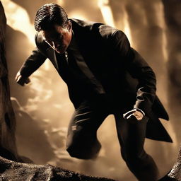 A powerful image of Bruce Wayne from the Dark Knight Rises movie, struggling to climb out of the infamous pit, embodying the symbol of hope and resilience. Dramatic lighting highlights his determination.