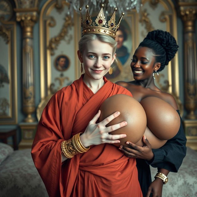 In a lavish Nordic palace bedroom, an intriguing scene captures a young blonde woman, notably short and undernourished at 20 years of age, with piercing blue eyes