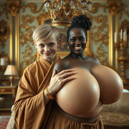 In a lavish Nordic palace bedroom, an intriguing scene captures a young blonde woman, notably short and undernourished at 20 years of age, with piercing blue eyes