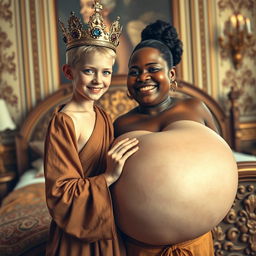 In a lavish Nordic palace bedroom, an intriguing scene captures a young blonde woman, notably short and undernourished at 20 years of age, with piercing blue eyes