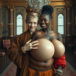 In a grand Nordic palace room, a striking scene unfolds featuring a young, extremely short, and undernourished blonde woman, only 20 years old, with penetrating blue eyes