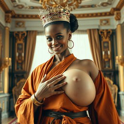 In a grand Nordic palace room, a striking scene unfolds featuring a young, extremely short, and undernourished blonde woman, only 20 years old, with penetrating blue eyes