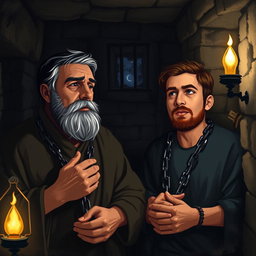 In a dimly lit prison cell, two men, Paul and Silas, are depicted in a moment of prayer and faith, despite being chained and imprisoned