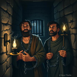 In a dimly lit prison cell, two men, Paul and Silas, are depicted in a moment of prayer and faith, despite being chained and imprisoned